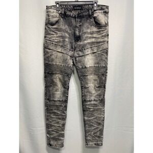 Victorious Mens Grey Acid Wash Moto Biker Skinny Jeans Ribbed Knee Size 36 x 32
